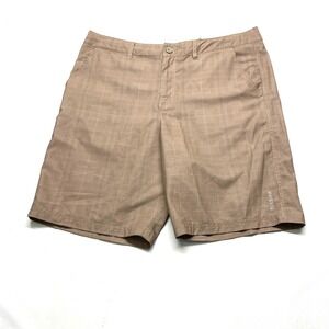 Elysian Hybrid Athletic Board Shorts Mens 36 Tan Plaid Stretch Swimwear Lined